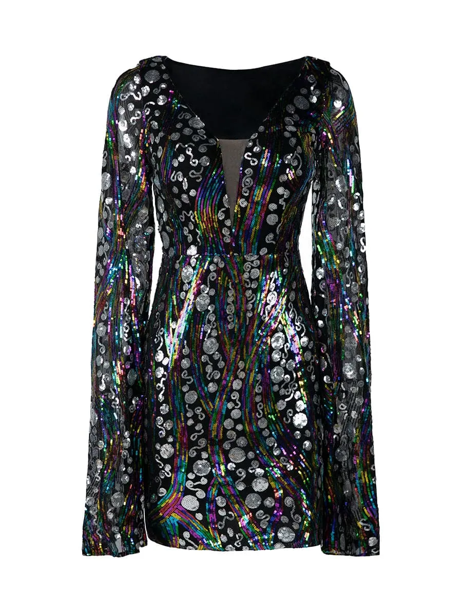 V-Neck Flared Sleeve Multicolor Sequin Bodycon Mini Dress XJ1936