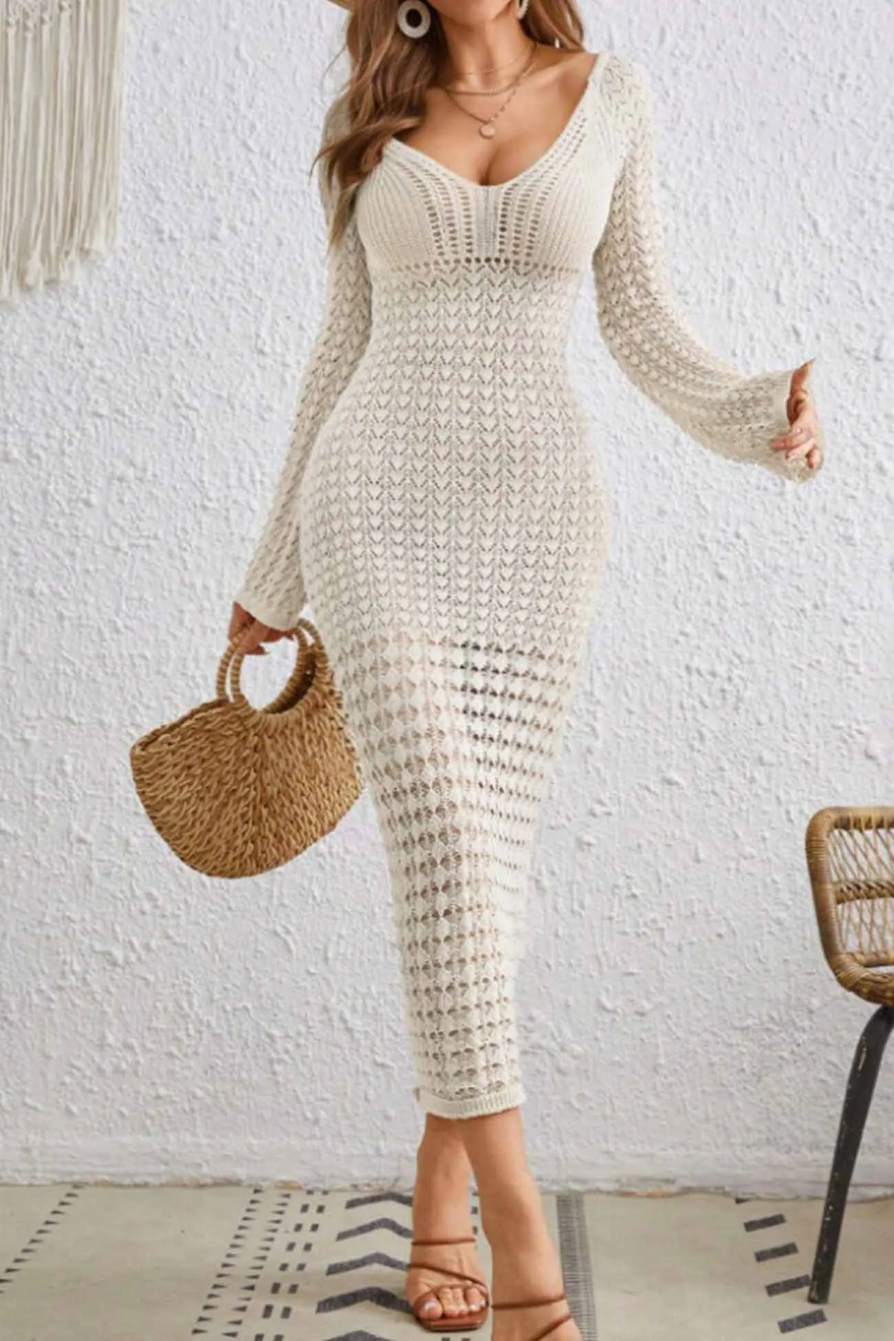 V Neck Knitted Cutout Bodycon Midi Dress