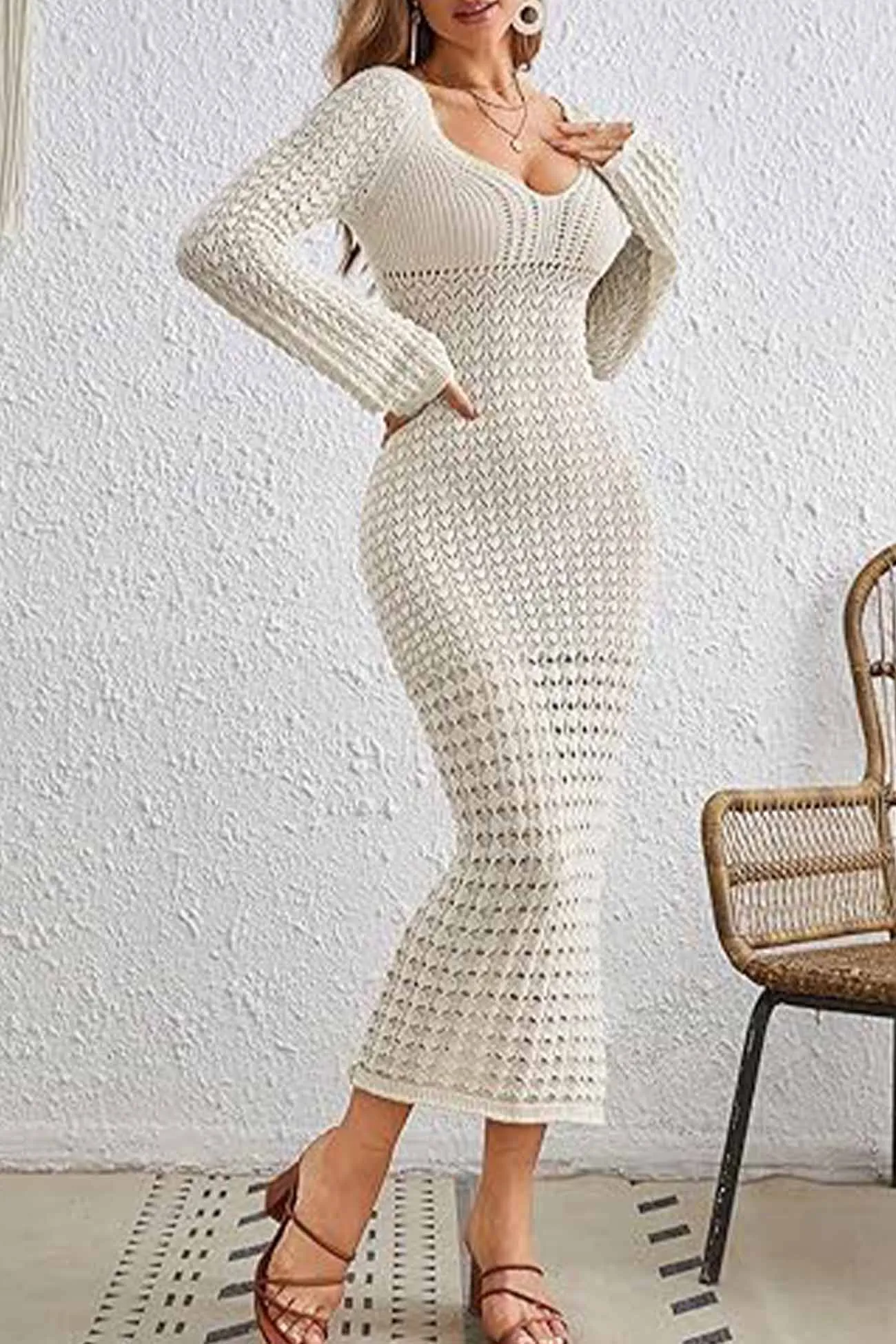 V Neck Knitted Cutout Bodycon Midi Dress