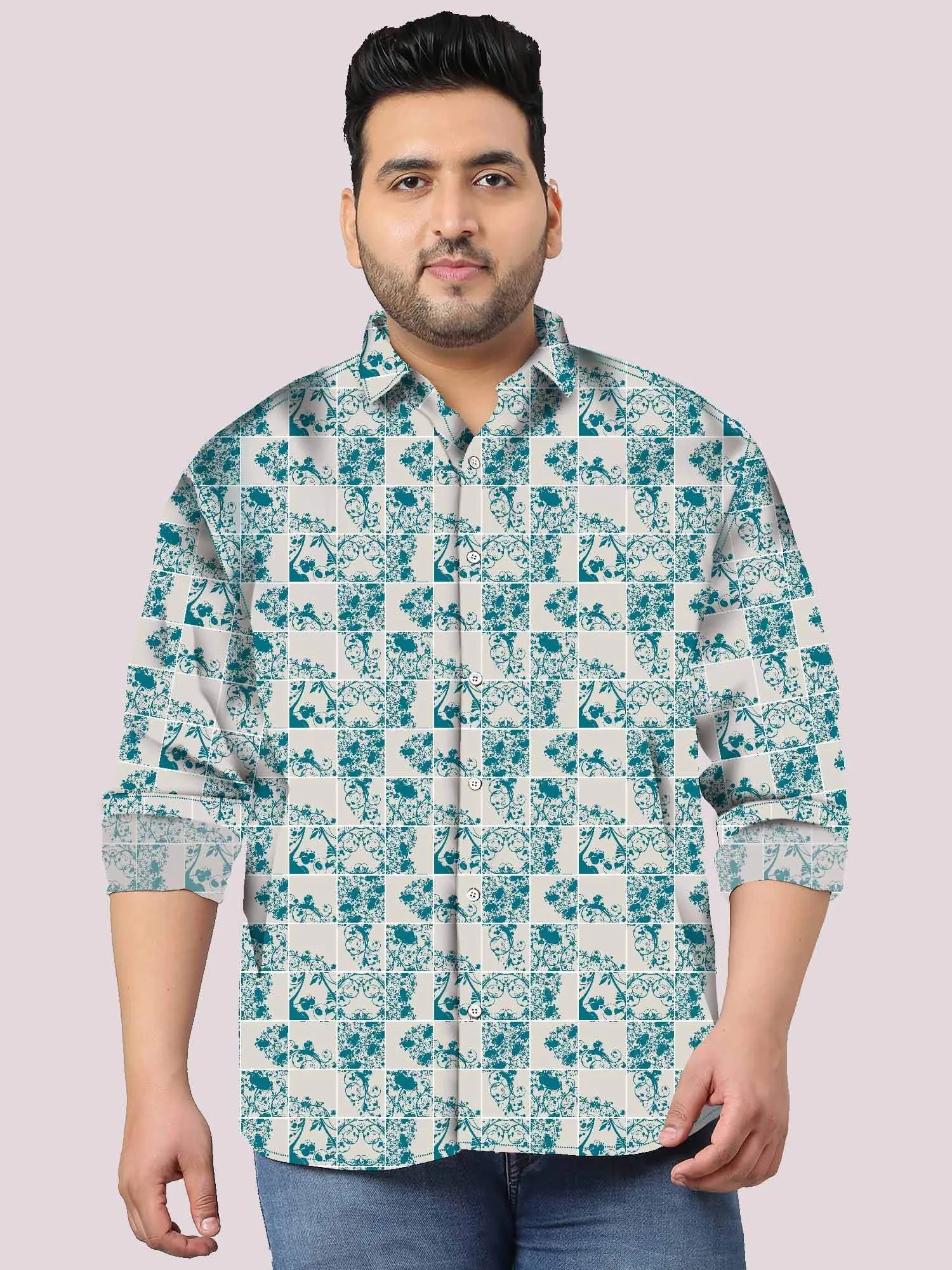 Vector Flower Green Digital Printed Full Sleeve Shirt Men's Plus Size