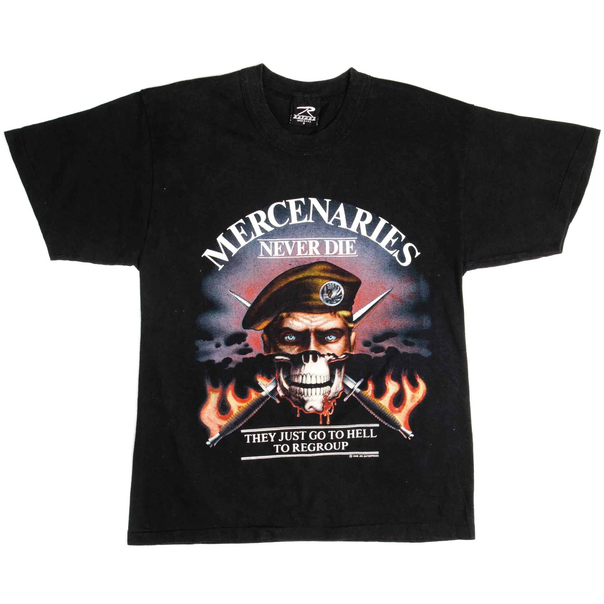 VINTAGE MERCENARIES NEVER DIE TEE SHIRT 1988 SIZE SMALL MADE IN USA