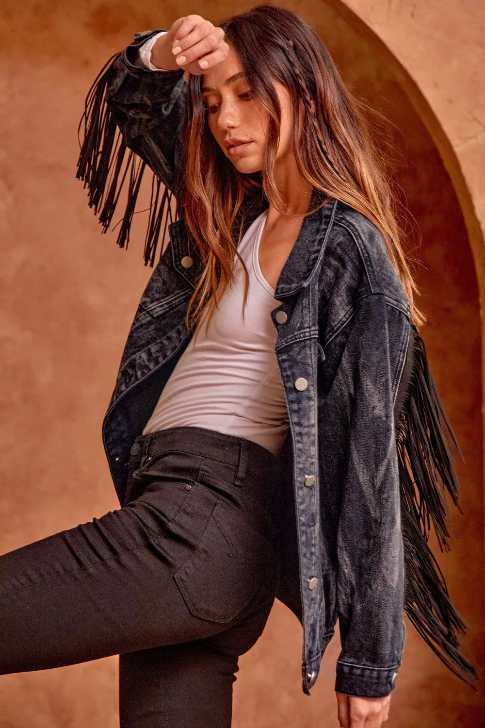 Washed Denim Fringed Jacket