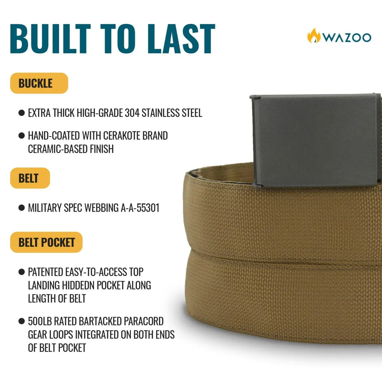 Wazoo Survival Gear Cache Belt, Anti-Theft Everyday Carry Belt for Travel and Outdoors - TSA Compliant, Stainless-Steel Buckle with Bottle Opener & Hidden Sleeve, Made in USA (Black, Large)