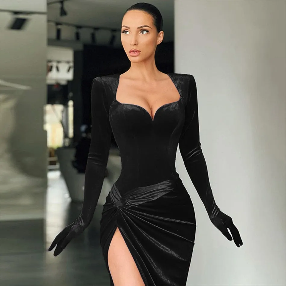 Wenkouban Autumn Winter Long Sleeve Evening Club Velvet Dress For Women Sexy V Neck Floor Length Celebrity Runway Party Maxi Dresses