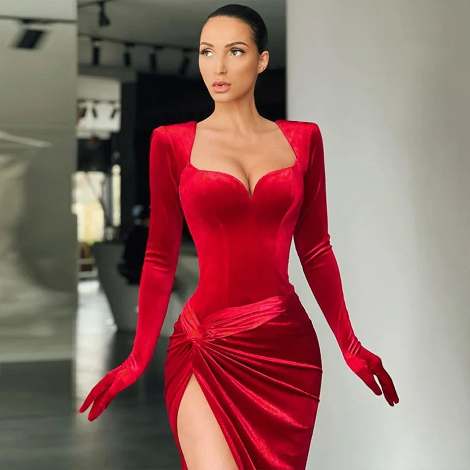 Wenkouban Autumn Winter Long Sleeve Evening Club Velvet Dress For Women Sexy V Neck Floor Length Celebrity Runway Party Maxi Dresses