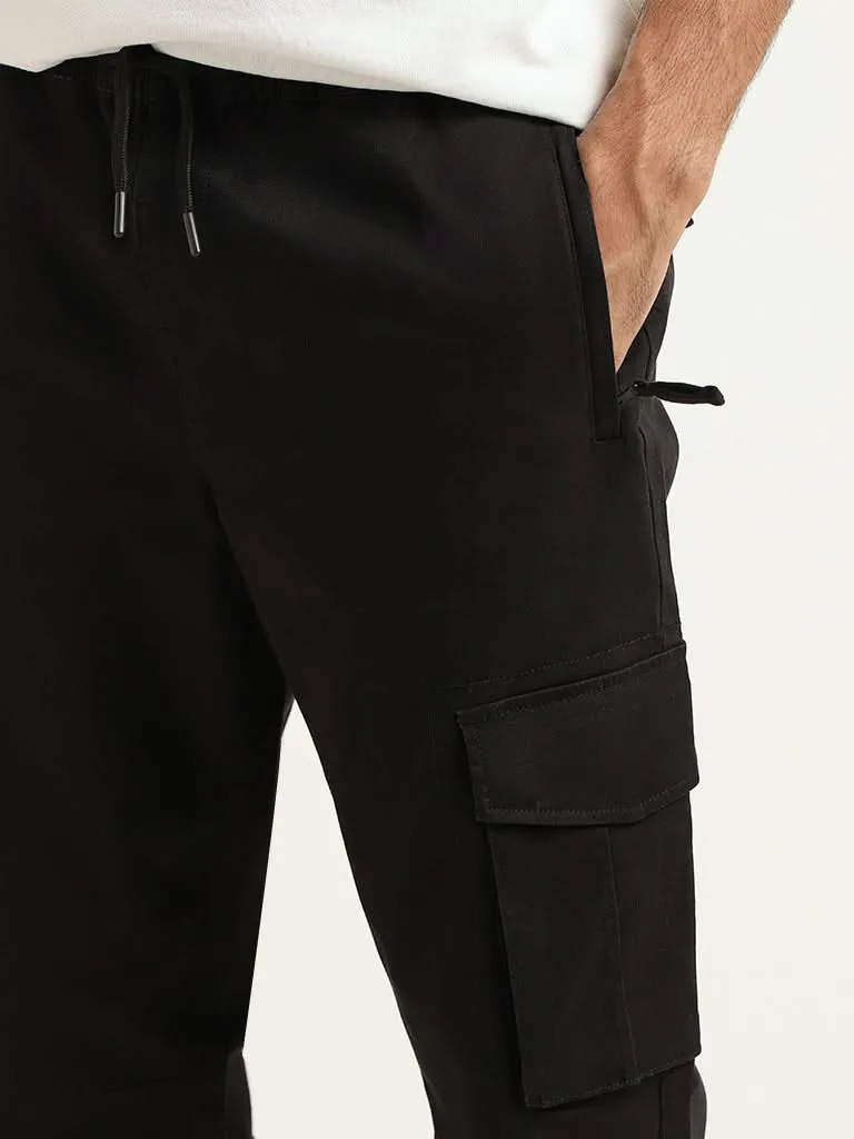 WES Casuals Black Cargo Cotton Blend Relaxed-Fit Joggers