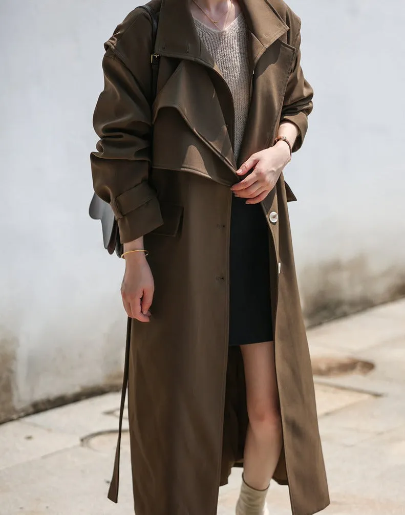 Wjczt Elegant 2 Piece Women Trench Coat Turn-down Collar Loose Female Long Jacket Belted Women Overcoats Autumn Winter