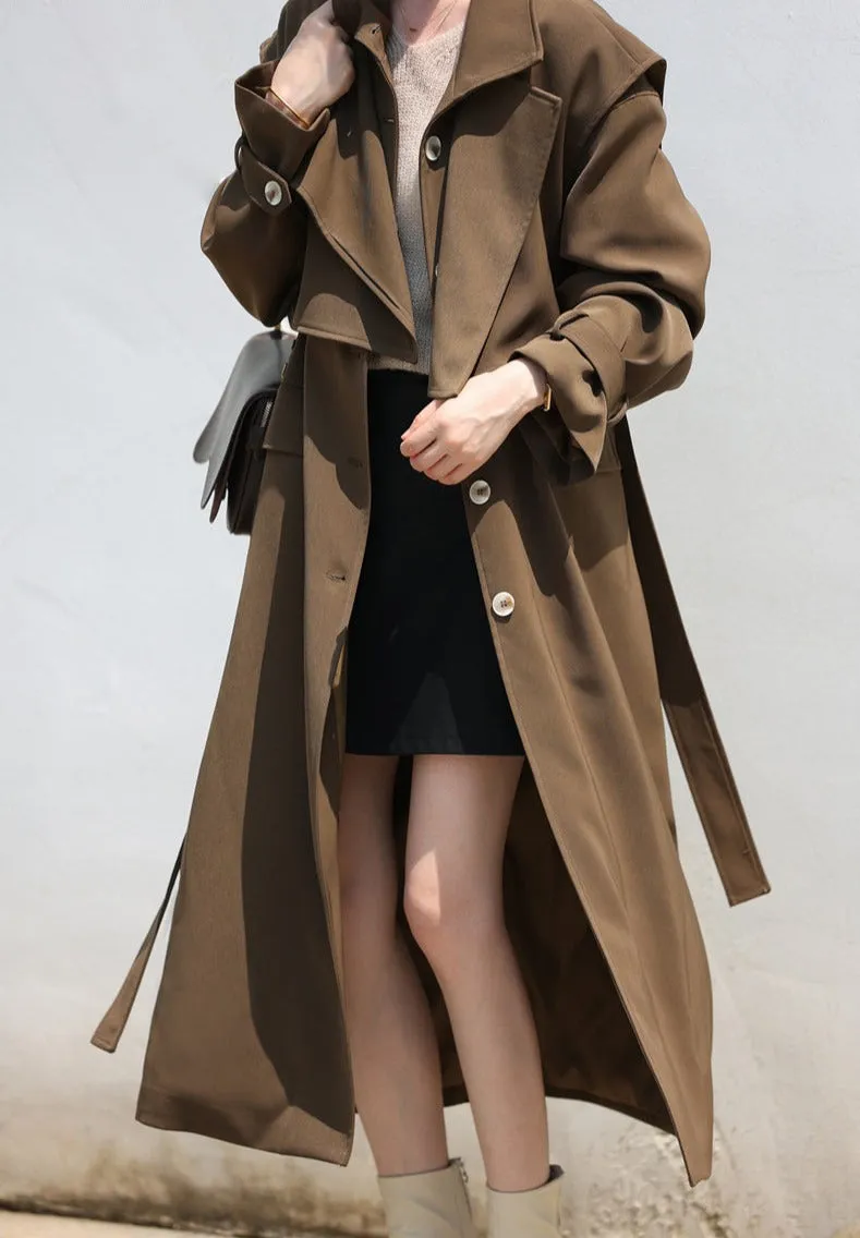 Wjczt Elegant 2 Piece Women Trench Coat Turn-down Collar Loose Female Long Jacket Belted Women Overcoats Autumn Winter