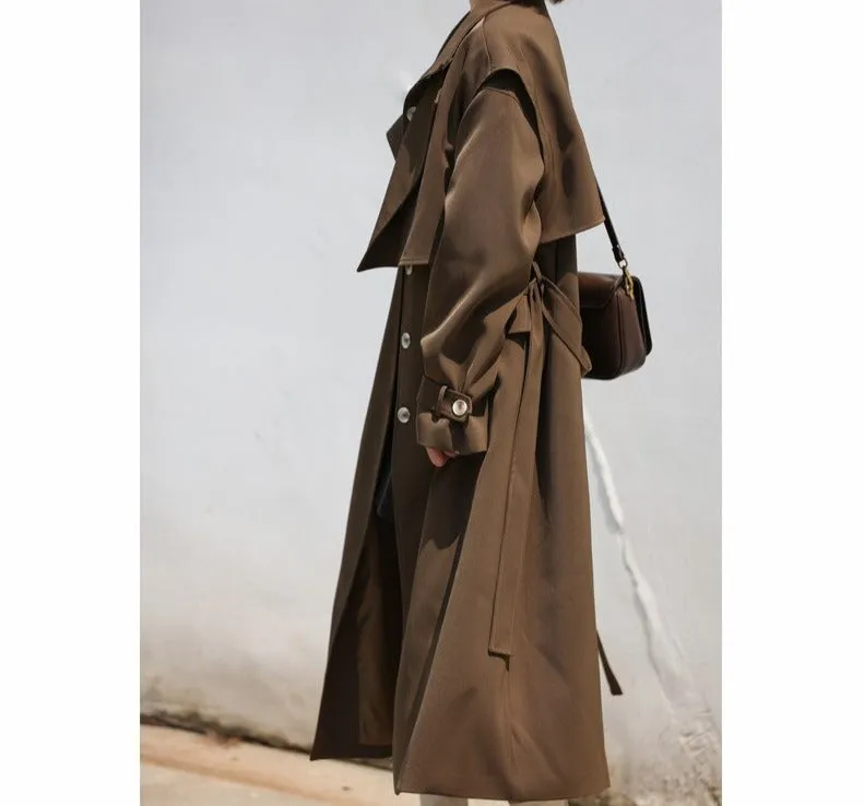 Wjczt Elegant 2 Piece Women Trench Coat Turn-down Collar Loose Female Long Jacket Belted Women Overcoats Autumn Winter