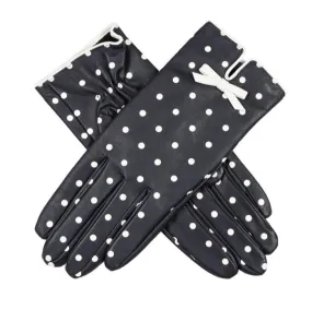 Women's Silk-Lined Leather Gloves with Polka Dot Design