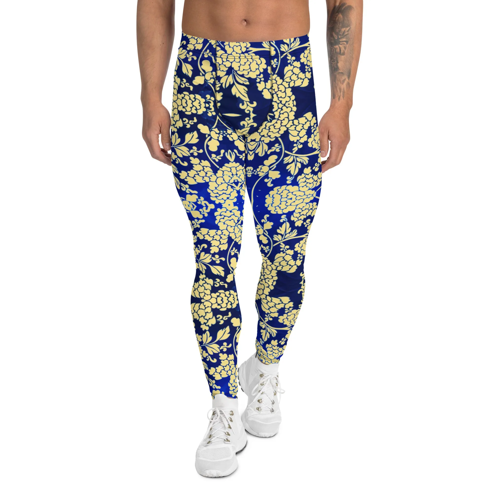 Yellow Blue Floral Men's Leggings, Best Yellow and Blue Oriental Style Floral Print Meggings Compression Tights - Made in USA/EU/MX