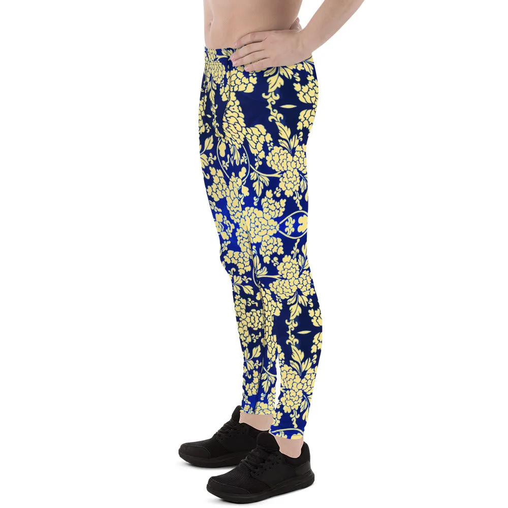 Yellow Blue Floral Men's Leggings, Best Yellow and Blue Oriental Style Floral Print Meggings Compression Tights - Made in USA/EU/MX