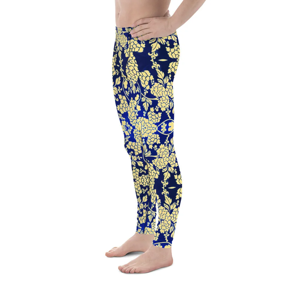 Yellow Blue Floral Men's Leggings, Best Yellow and Blue Oriental Style Floral Print Meggings Compression Tights - Made in USA/EU/MX