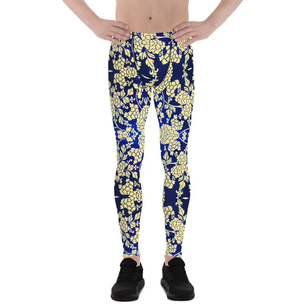 Yellow Blue Floral Men's Leggings, Best Yellow and Blue Oriental Style Floral Print Meggings Compression Tights - Made in USA/EU/MX