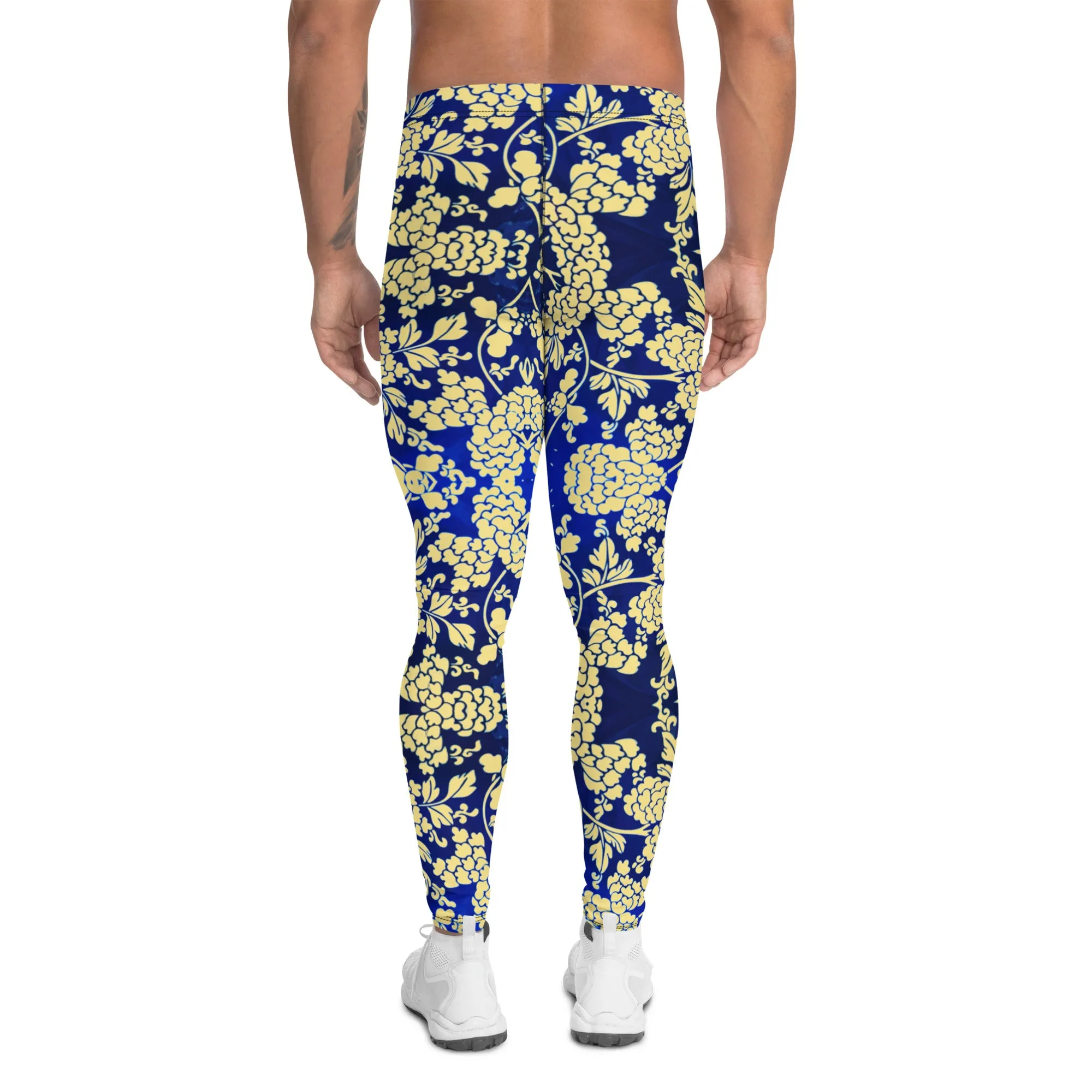 Yellow Blue Floral Men's Leggings, Best Yellow and Blue Oriental Style Floral Print Meggings Compression Tights - Made in USA/EU/MX