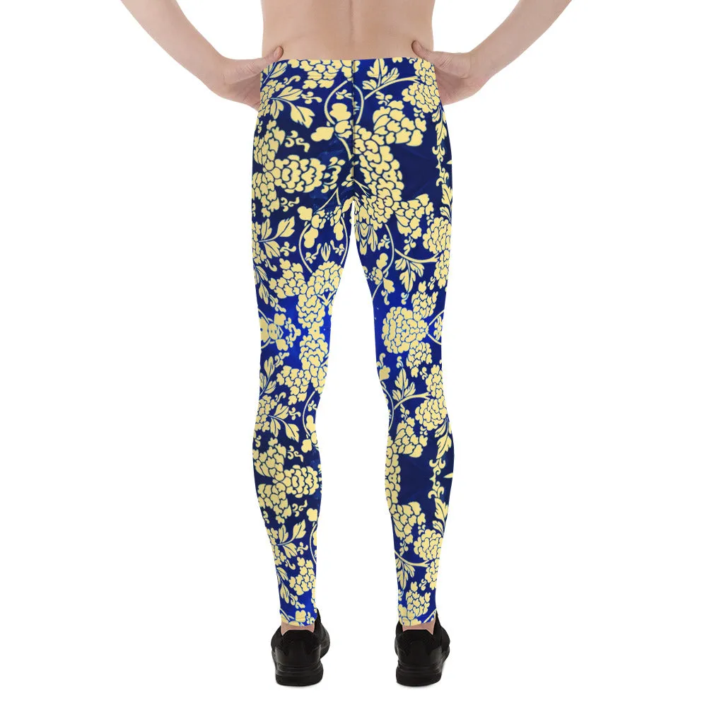 Yellow Blue Floral Men's Leggings, Best Yellow and Blue Oriental Style Floral Print Meggings Compression Tights - Made in USA/EU/MX